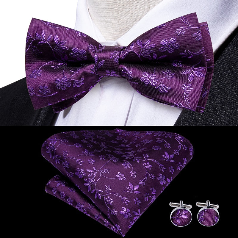 Hi-Tie Classic Black Bow Ties for Men 100% Silk Butterfly Pre-Tied Bow Tie Pocket Square Cufflinks Suit Set Floral Gold Bowties