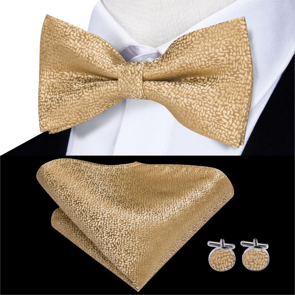 Hi-Tie Classic Black Bow Ties for Men 100% Silk Butterfly Pre-Tied Bow Tie Pocket Square Cufflinks Suit Set Floral Gold Bowties
