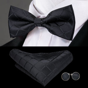 Hi-Tie Classic Black Bow Ties for Men 100% Silk Butterfly Pre-Tied Bow Tie Pocket Square Cufflinks Suit Set Floral Gold Bowties