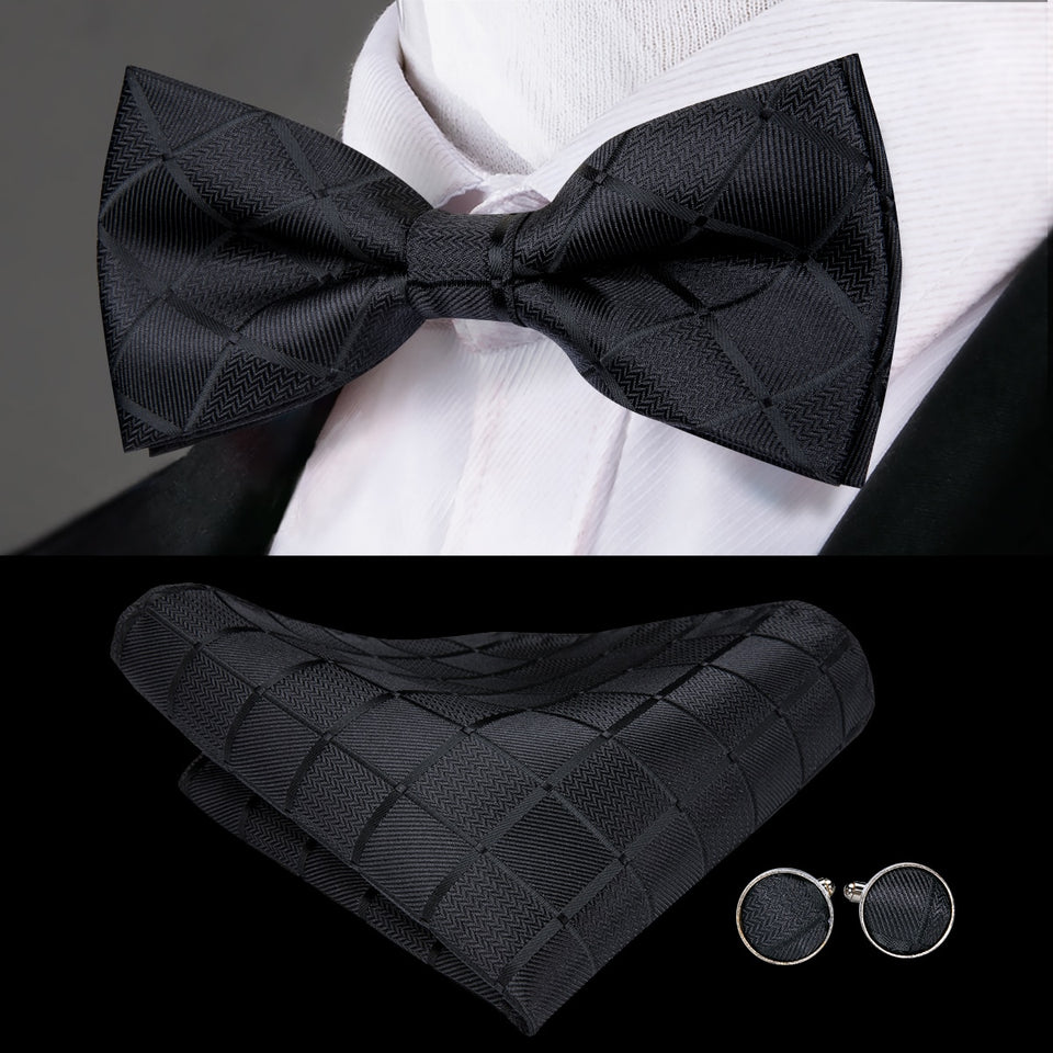 Hi-Tie Classic Black Bow Ties for Men 100% Silk Butterfly Pre-Tied Bow Tie Pocket Square Cufflinks Suit Set Floral Gold Bowties