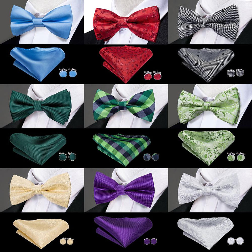 Hi-Tie Classic Black Bow Ties for Men 100% Silk Butterfly Pre-Tied Bow Tie Pocket Square Cufflinks Suit Set Floral Gold Bowties