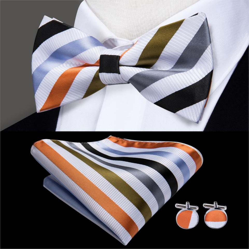 Hi-Tie Classic Black Bow Ties for Men 100% Silk Butterfly Pre-Tied Bow Tie Pocket Square Cufflinks Suit Set Floral Gold Bowties