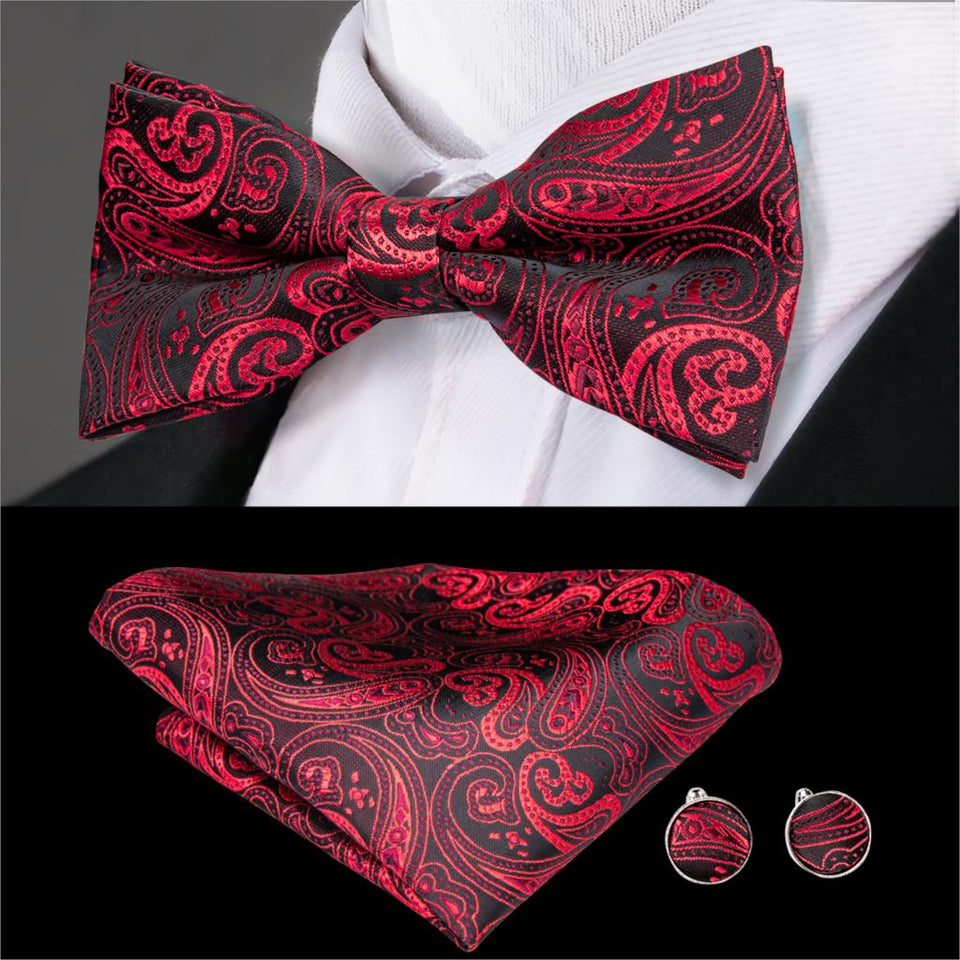 Hi-Tie Classic Black Bow Ties for Men 100% Silk Butterfly Pre-Tied Bow Tie Pocket Square Cufflinks Suit Set Floral Gold Bowties