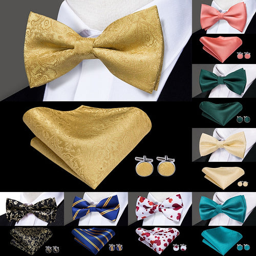 Hi-Tie Classic Black Bow Ties for Men 100% Silk Butterfly Pre-Tied Bow Tie Pocket Square Cufflinks Suit Set Floral Gold Bowties