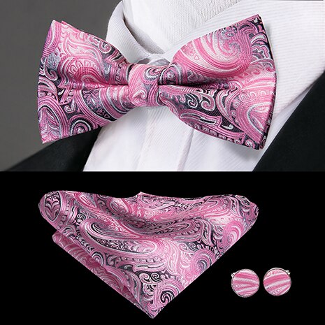 Hi-Tie Classic Black Bow Ties for Men 100% Silk Butterfly Pre-Tied Bow Tie Pocket Square Cufflinks Suit Set Floral Gold Bowties