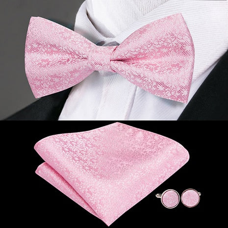 Hi-Tie Classic Black Bow Ties for Men 100% Silk Butterfly Pre-Tied Bow Tie Pocket Square Cufflinks Suit Set Floral Gold Bowties