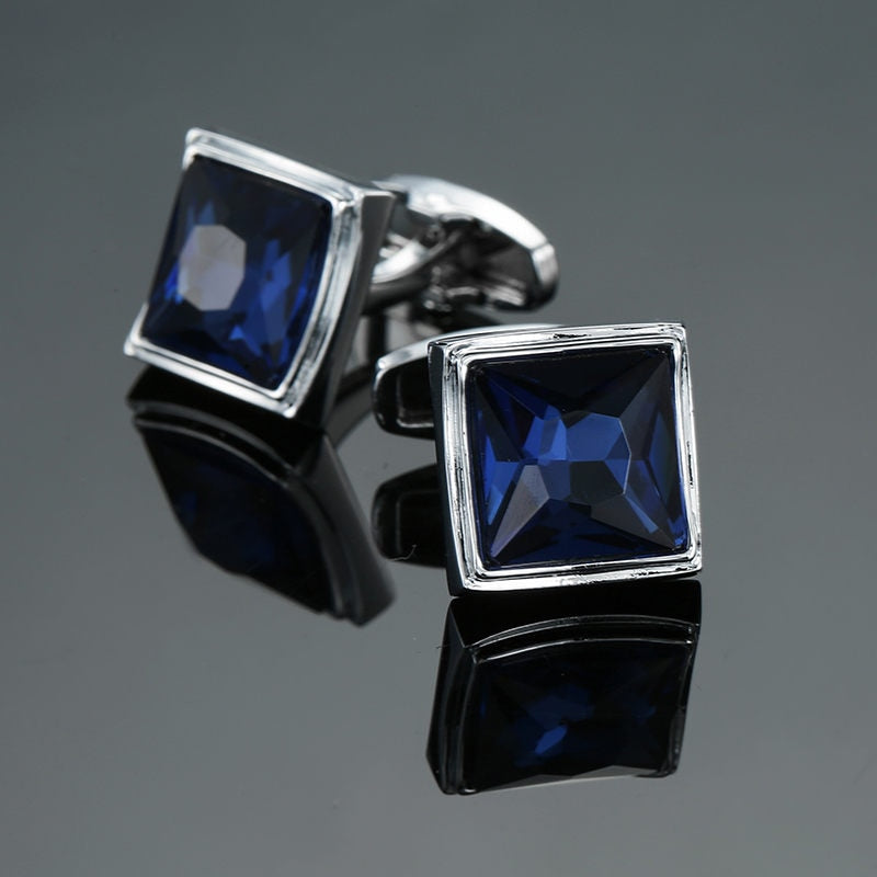 Novelty Luxury Blue white Cufflinks for Mens  Brand High Quality crown Crystal gold silvery Cufflinks Shirt Cuff Links