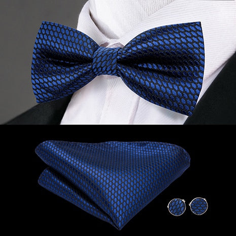 Hi-Tie Classic Black Bow Ties for Men 100% Silk Butterfly Pre-Tied Bow Tie Pocket Square Cufflinks Suit Set Floral Gold Bowties