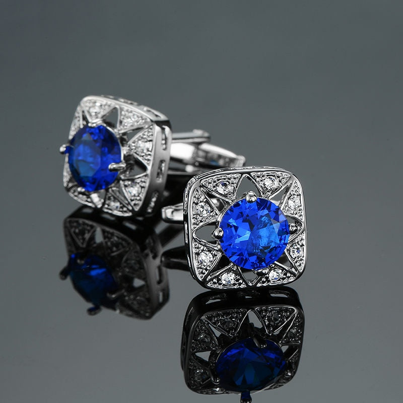Novelty Luxury Blue white Cufflinks for Mens  Brand High Quality crown Crystal gold silvery Cufflinks Shirt Cuff Links
