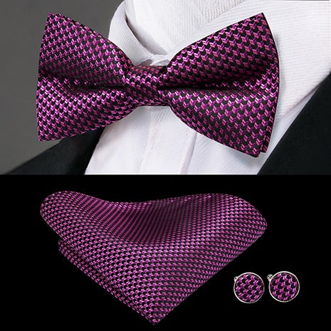 Hi-Tie Classic Black Bow Ties for Men 100% Silk Butterfly Pre-Tied Bow Tie Pocket Square Cufflinks Suit Set Floral Gold Bowties