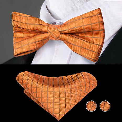 Hi-Tie Classic Black Bow Ties for Men 100% Silk Butterfly Pre-Tied Bow Tie Pocket Square Cufflinks Suit Set Floral Gold Bowties