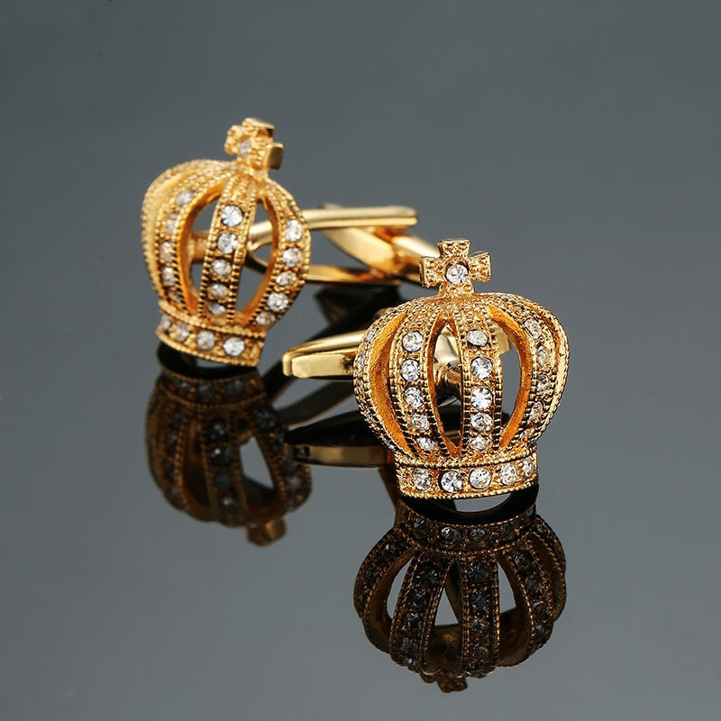 Novelty Luxury Blue white Cufflinks for Mens  Brand High Quality crown Crystal gold silvery Cufflinks Shirt Cuff Links