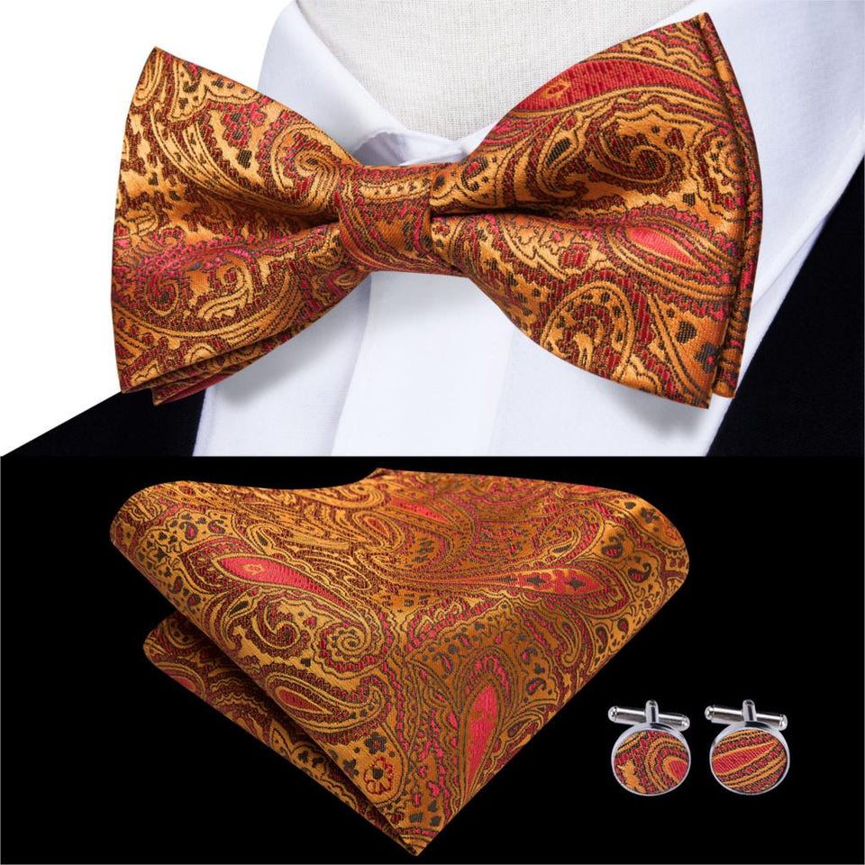 Hi-Tie Classic Black Bow Ties for Men 100% Silk Butterfly Pre-Tied Bow Tie Pocket Square Cufflinks Suit Set Floral Gold Bowties