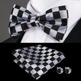 Hi-Tie Classic Black Bow Ties for Men 100% Silk Butterfly Pre-Tied Bow Tie Pocket Square Cufflinks Suit Set Floral Gold Bowties