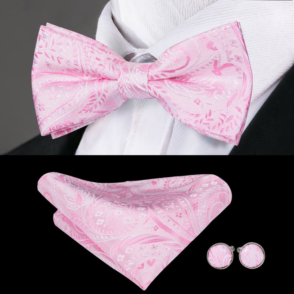 Hi-Tie Classic Black Bow Ties for Men 100% Silk Butterfly Pre-Tied Bow Tie Pocket Square Cufflinks Suit Set Floral Gold Bowties