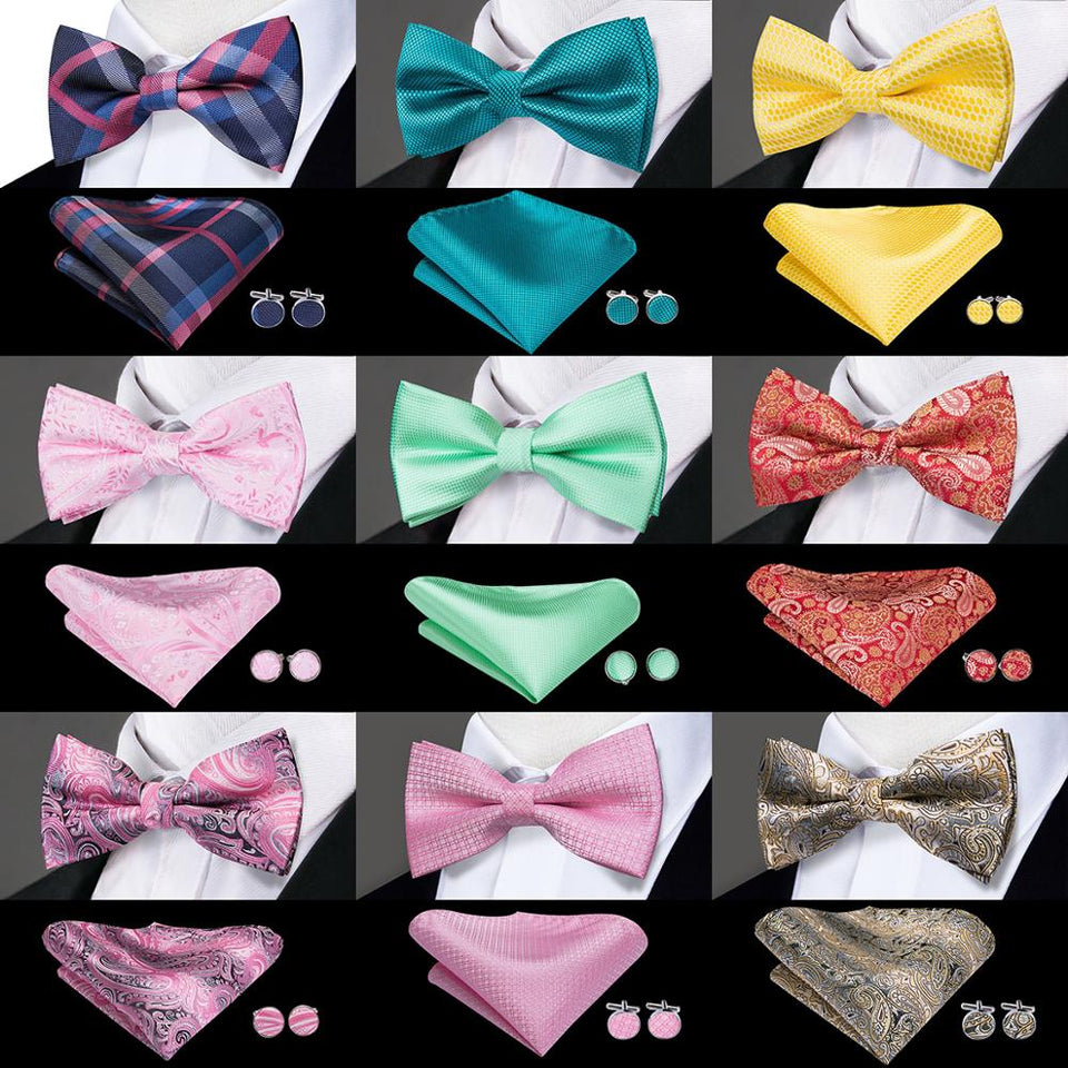 Hi-Tie Classic Black Bow Ties for Men 100% Silk Butterfly Pre-Tied Bow Tie Pocket Square Cufflinks Suit Set Floral Gold Bowties