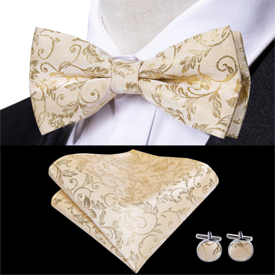 Hi-Tie Classic Black Bow Ties for Men 100% Silk Butterfly Pre-Tied Bow Tie Pocket Square Cufflinks Suit Set Floral Gold Bowties
