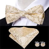 Hi-Tie Classic Black Bow Ties for Men 100% Silk Butterfly Pre-Tied Bow Tie Pocket Square Cufflinks Suit Set Floral Gold Bowties