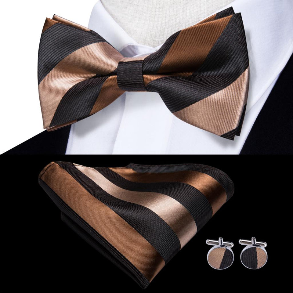 Hi-Tie Classic Black Bow Ties for Men 100% Silk Butterfly Pre-Tied Bow Tie Pocket Square Cufflinks Suit Set Floral Gold Bowties