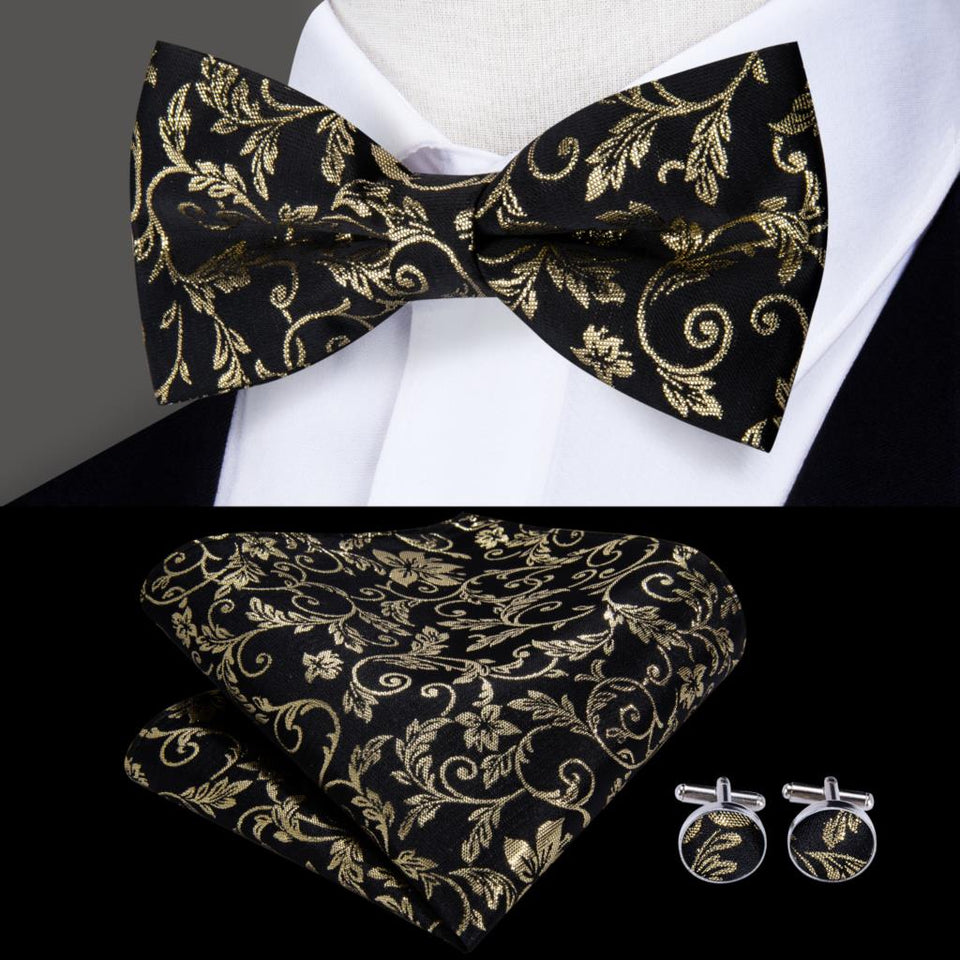 Hi-Tie Classic Black Bow Ties for Men 100% Silk Butterfly Pre-Tied Bow Tie Pocket Square Cufflinks Suit Set Floral Gold Bowties