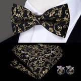 Hi-Tie Classic Black Bow Ties for Men 100% Silk Butterfly Pre-Tied Bow Tie Pocket Square Cufflinks Suit Set Floral Gold Bowties