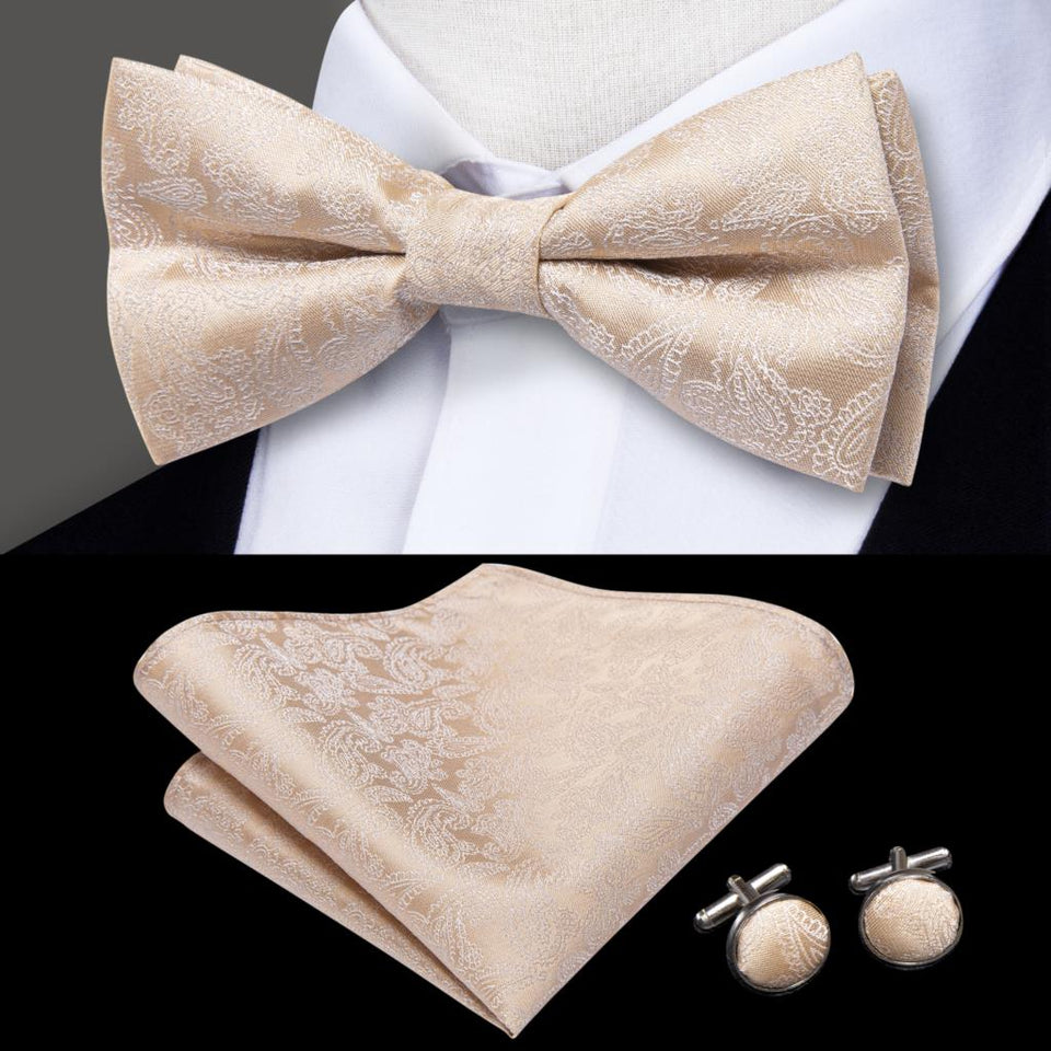 Hi-Tie Classic Black Bow Ties for Men 100% Silk Butterfly Pre-Tied Bow Tie Pocket Square Cufflinks Suit Set Floral Gold Bowties