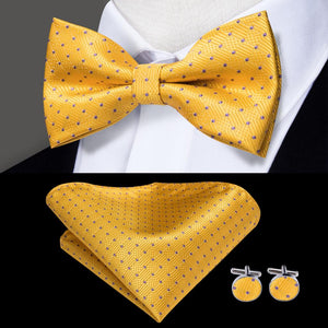 Hi-Tie Classic Black Bow Ties for Men 100% Silk Butterfly Pre-Tied Bow Tie Pocket Square Cufflinks Suit Set Floral Gold Bowties