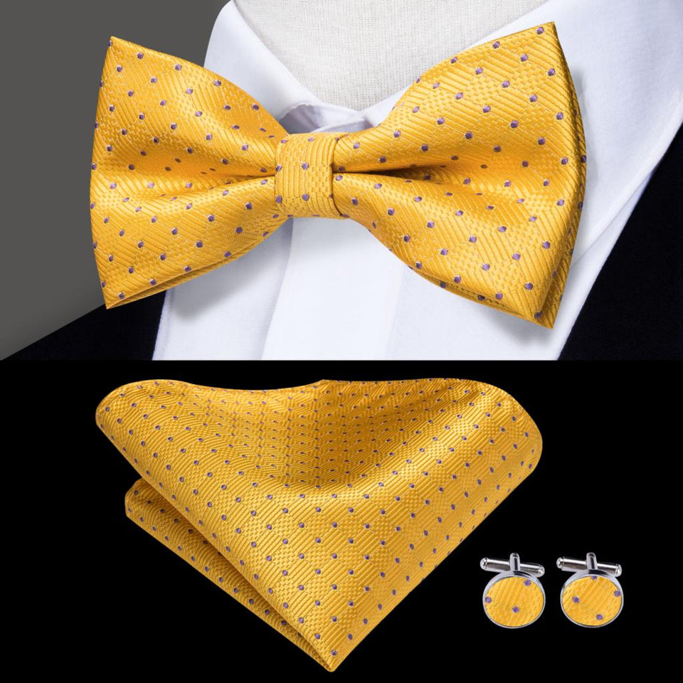 Hi-Tie Classic Black Bow Ties for Men 100% Silk Butterfly Pre-Tied Bow Tie Pocket Square Cufflinks Suit Set Floral Gold Bowties