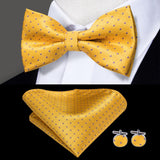 Hi-Tie Classic Black Bow Ties for Men 100% Silk Butterfly Pre-Tied Bow Tie Pocket Square Cufflinks Suit Set Floral Gold Bowties
